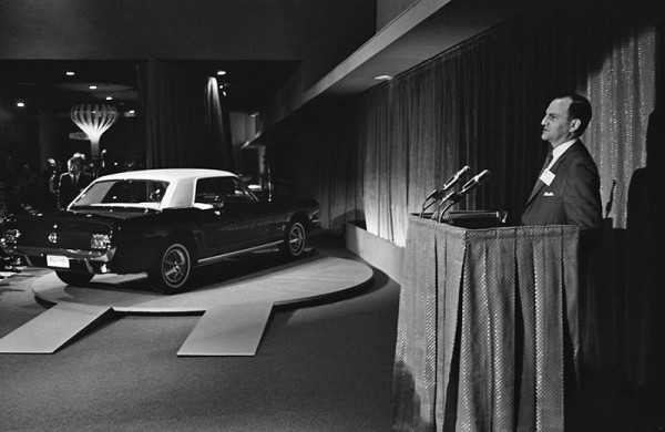 Lee Iacocca introduces the Ford Mustang to the press at the 1964 World's Fair