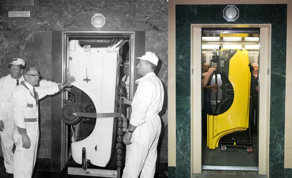 The Mustangs begin their journey in a series of elevators (1965 left, 2014 right)