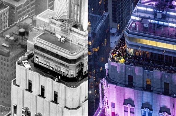 The Mustangs take up their place on the observation deck of the Empire State Building (1965 left, 2014 right)